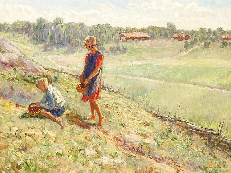 Alf Wallander Berry Picking Children a Summer Day Norge oil painting art